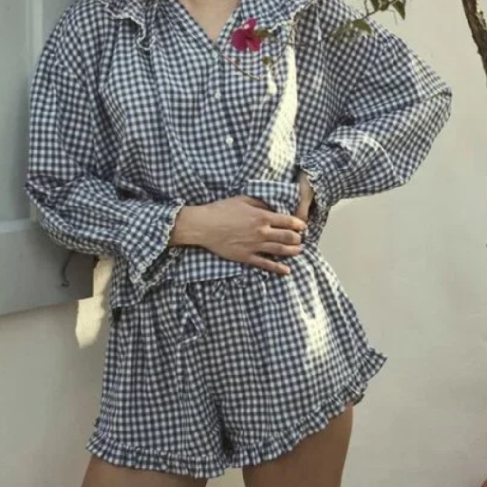 DOÊN Blue and White Gingham Ruffle Shorts XL